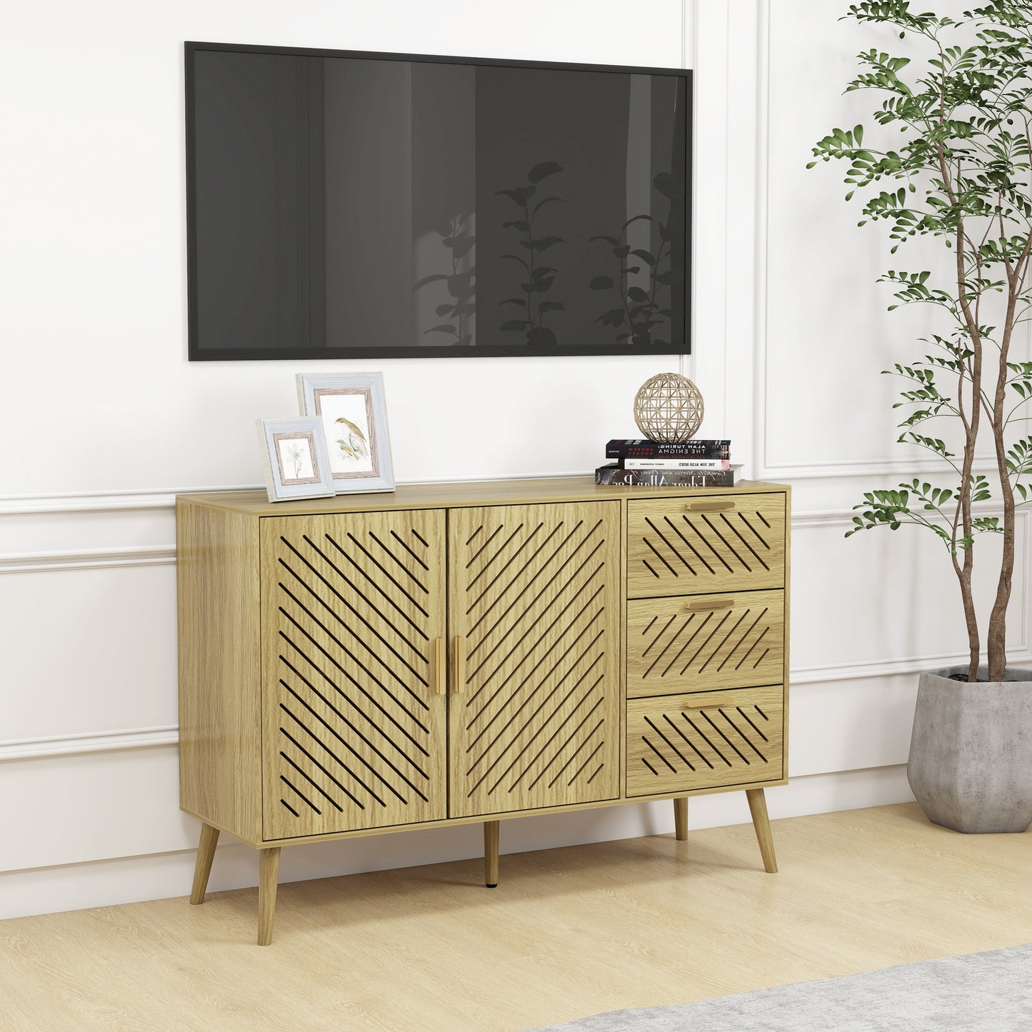 Log Mid-Century Modern Sideboard Buffet Cabinet with Storage 2 Doors and 3 Drawers, TV Stand, Coffee Bar Cabinet, Buffet Table for Kitchen, Dining Room, Bedroom