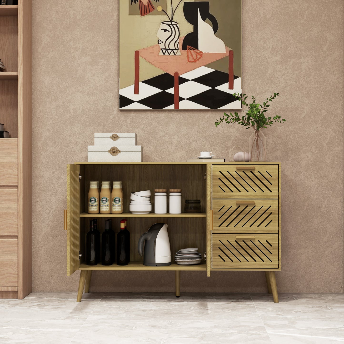 Log Mid-Century Modern Sideboard Buffet Cabinet with Storage 2 Doors and 3 Drawers, TV Stand, Coffee Bar Cabinet, Buffet Table for Kitchen, Dining Room, Bedroom