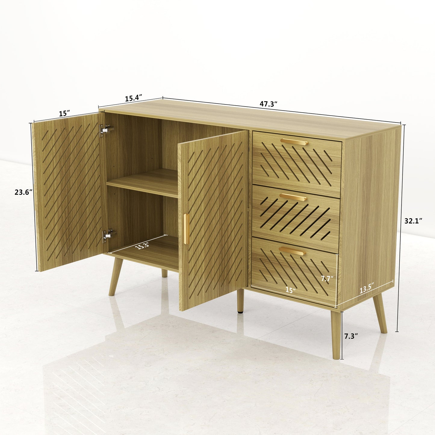 Log Mid-Century Modern Sideboard Buffet Cabinet with Storage 2 Doors and 3 Drawers, TV Stand, Coffee Bar Cabinet, Buffet Table for Kitchen, Dining Room, Bedroom