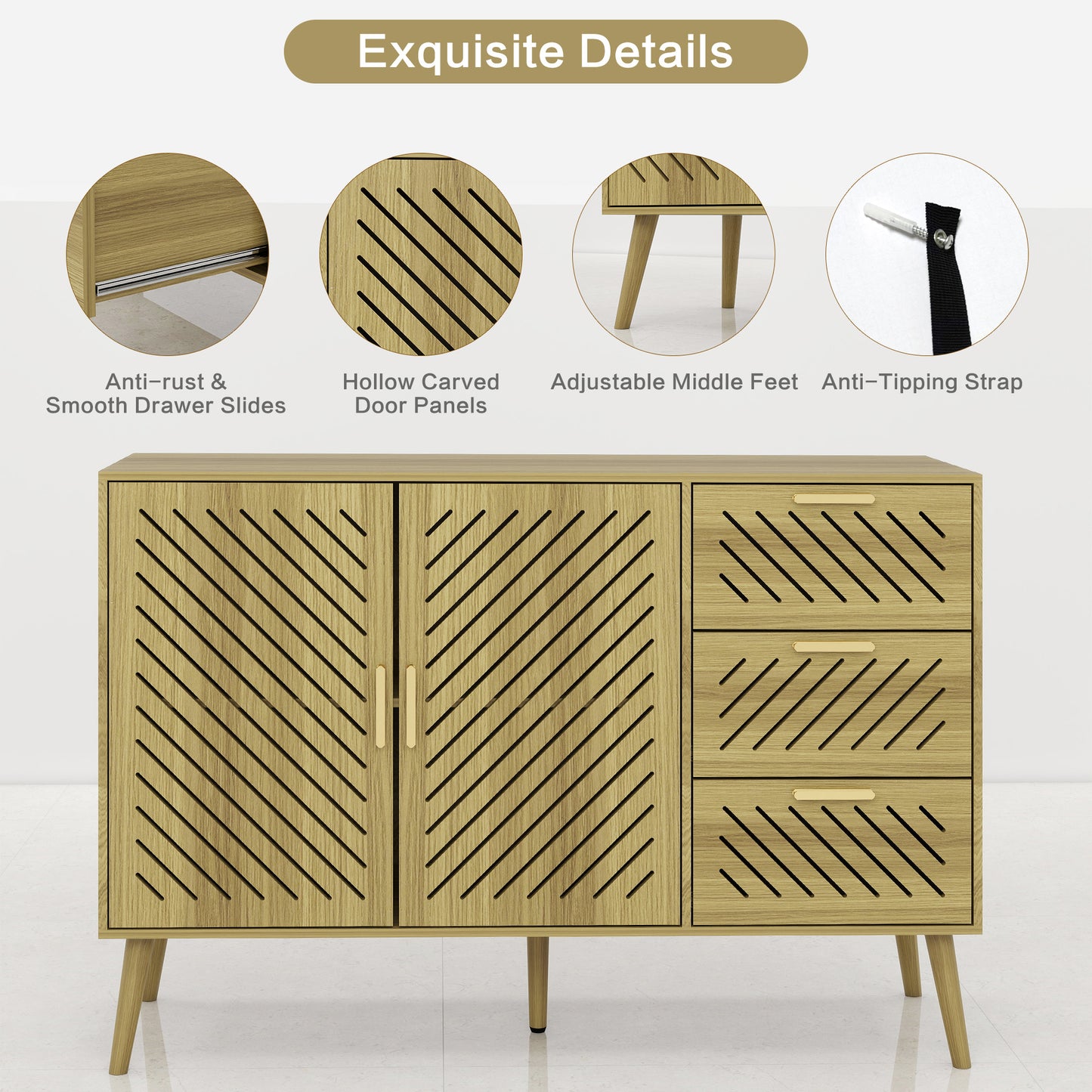 Log Mid-Century Modern Sideboard Buffet Cabinet with Storage 2 Doors and 3 Drawers, TV Stand, Coffee Bar Cabinet, Buffet Table for Kitchen, Dining Room, Bedroom