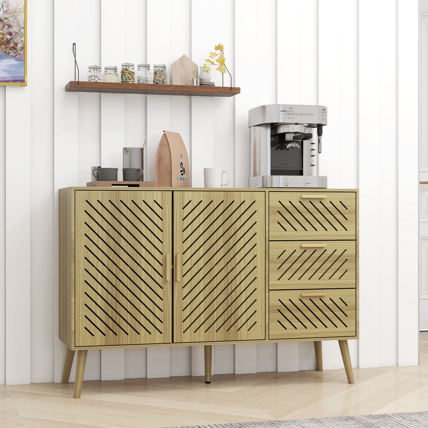 Log Mid-Century Modern Sideboard Buffet Cabinet with Storage 2 Doors and 3 Drawers, TV Stand, Coffee Bar Cabinet, Buffet Table for Kitchen, Dining Room, Bedroom