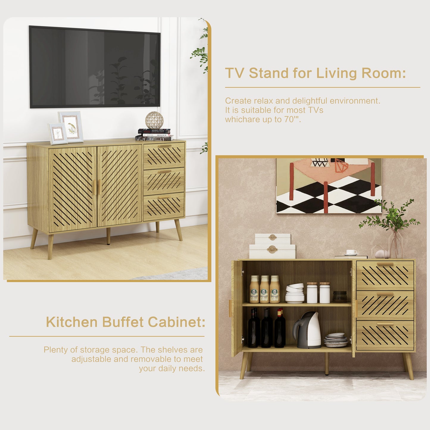 Log Mid-Century Modern Sideboard Buffet Cabinet with Storage 2 Doors and 3 Drawers, TV Stand, Coffee Bar Cabinet, Buffet Table for Kitchen, Dining Room, Bedroom