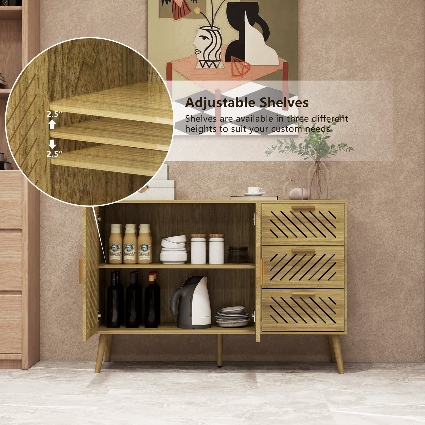 Log Mid-Century Modern Sideboard Buffet Cabinet with Storage 2 Doors and 3 Drawers, TV Stand, Coffee Bar Cabinet, Buffet Table for Kitchen, Dining Room, Bedroom