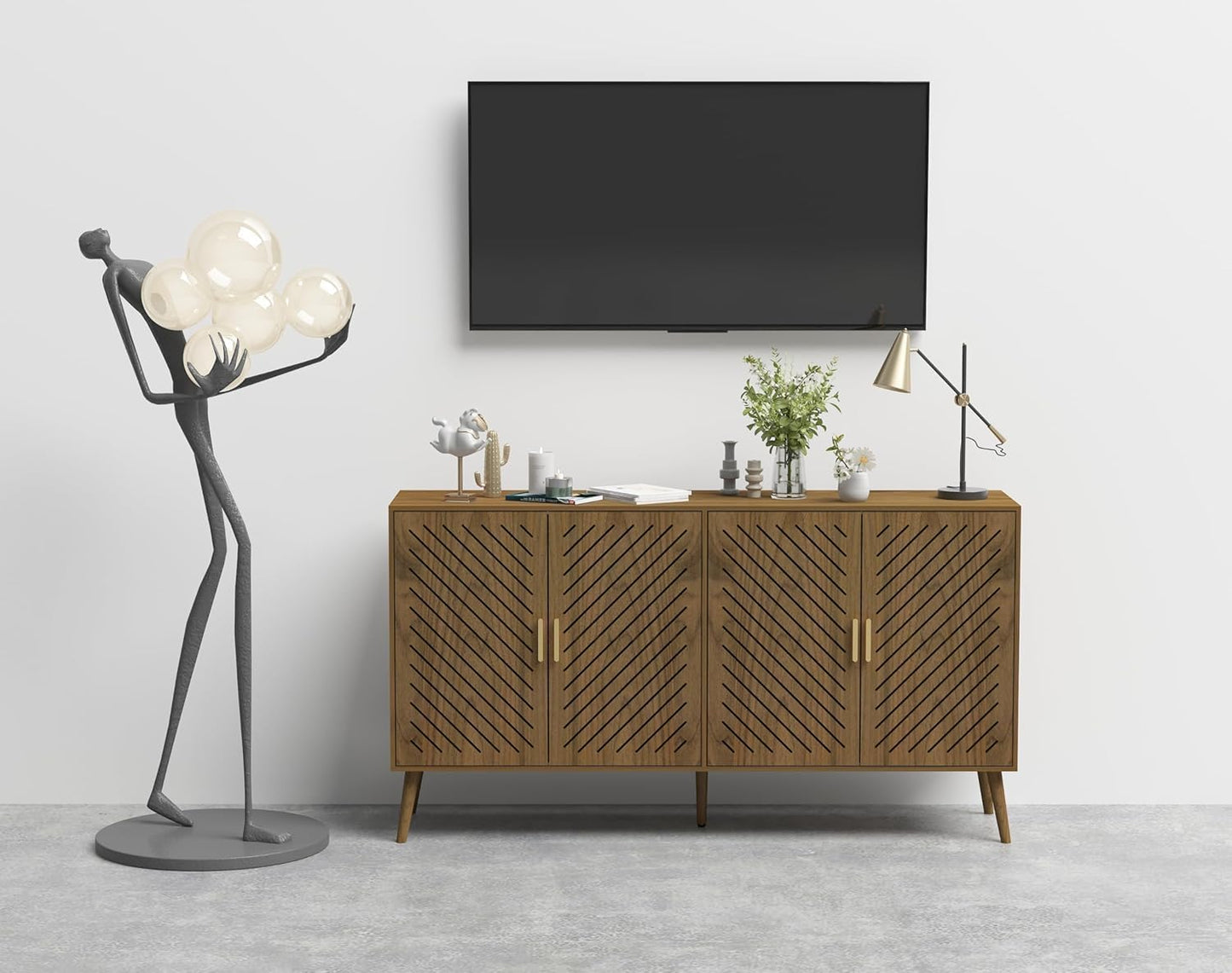 Peach Wood Sideboard Buffet Cabinet with Storage, 4 Doors, Adjustable Shelves, TV Stand or Coffee Bar for Kitchen, Dining Room, Living Room, Entryway