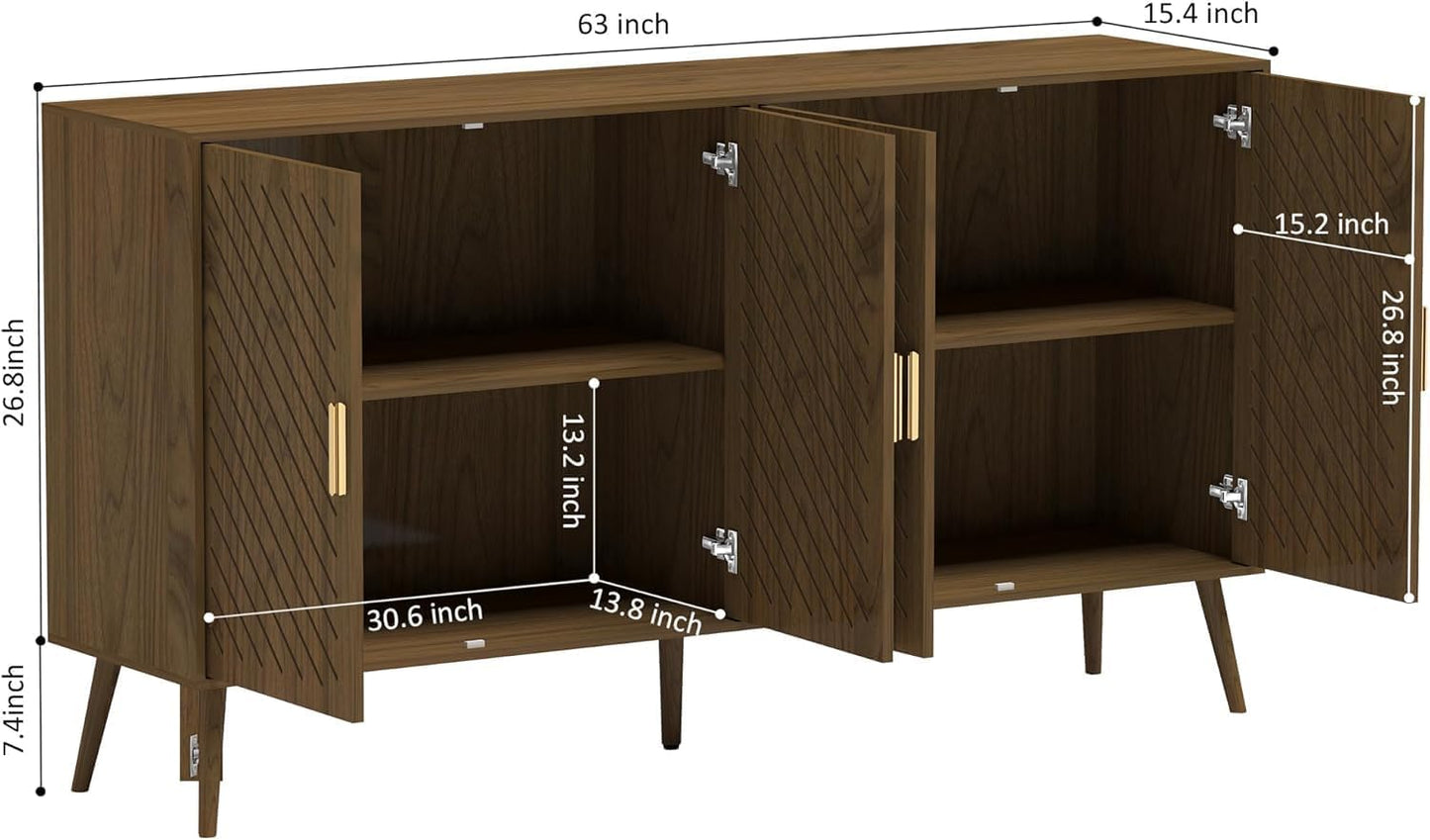 Peach Wood Sideboard Buffet Cabinet with Storage, 4 Doors, Adjustable Shelves, TV Stand or Coffee Bar for Kitchen, Dining Room, Living Room, Entryway