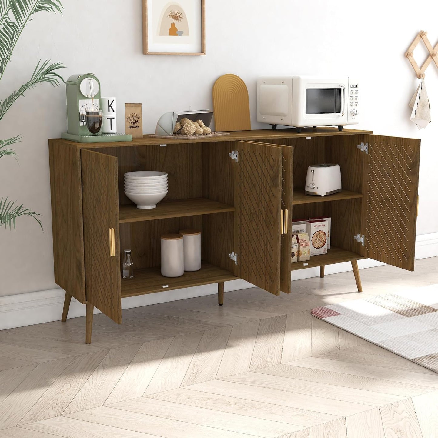 Peach Wood Sideboard Buffet Cabinet with Storage, 4 Doors, Adjustable Shelves, TV Stand or Coffee Bar for Kitchen, Dining Room, Living Room, Entryway