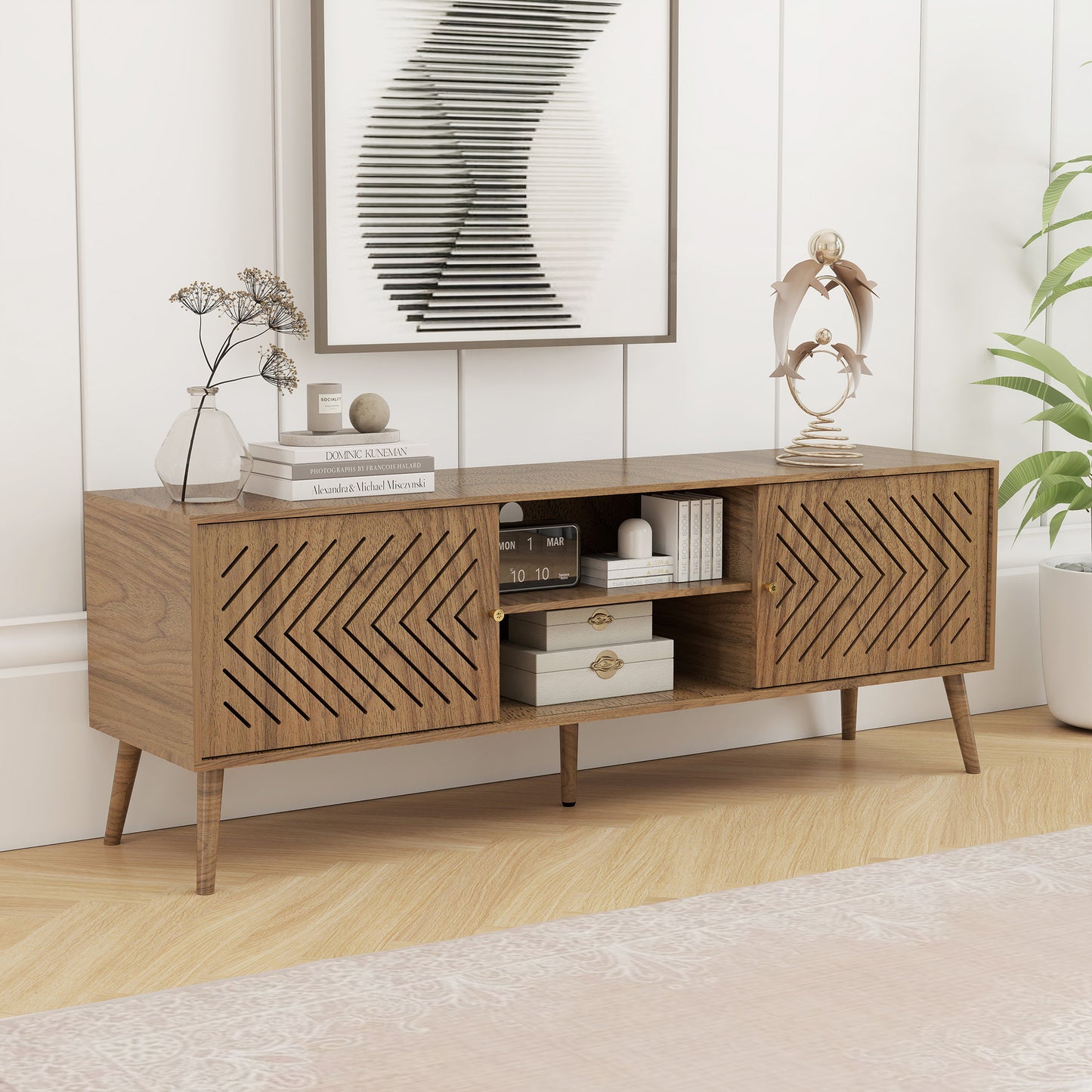 Peach wood TV Stand for 55 60 65 inch, Mid Century Modern TV Console,Wood Entertainment Center with Storage Sliding Doors, 2 Cabinet and Open Shelves for Living Room and Bedroom