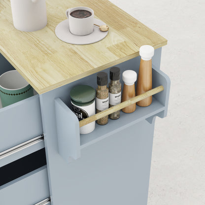 Removable Convenient Blue Kitchen Island with 2-Door Cabinets, 3-Drawer Storage, 5 Universal Wheels Rolling Kitchen Dining Cart, Wooden Top with Towel Rack