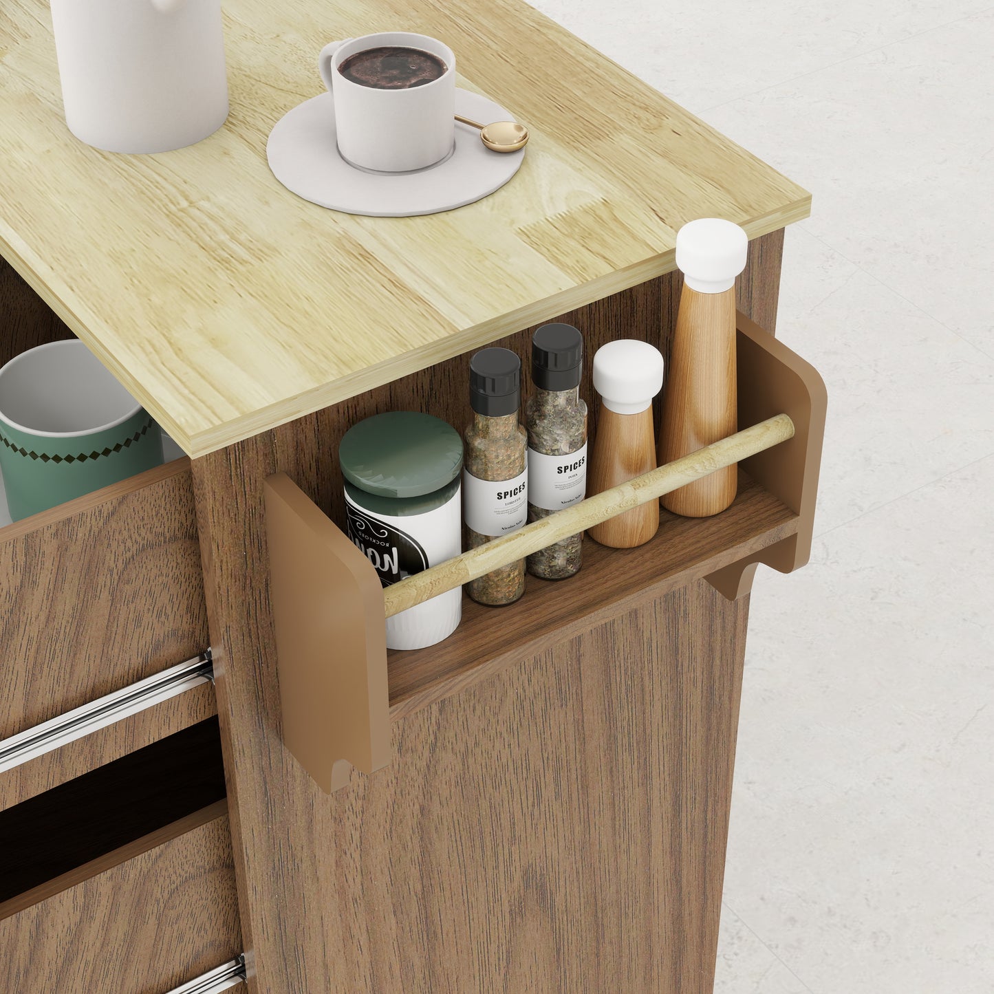 Removable Convenient Peach Kitchen Island with 2-Door Cabinets, 3-Drawer Storage, 5 Universal Wheels Rolling Kitchen Dining Cart, Wooden Top with Towel Rack