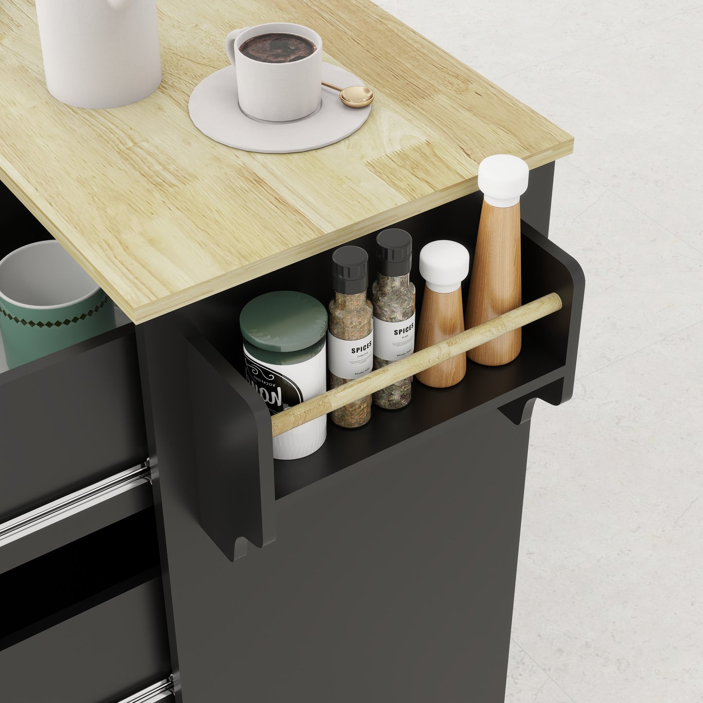 Removable Convenient Black Kitchen Island with 2-Door Cabinets, 3-Drawer Storage, 5 Universal Wheels Rolling Kitchen Dining Cart, Wooden Top with Towel Rack