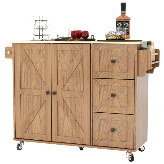 Removable Convenient Peach Kitchen Island with 2-Door Cabinets, 3-Drawer Storage, 5 Universal Wheels Rolling Kitchen Dining Cart, Wooden Top with Towel Rack