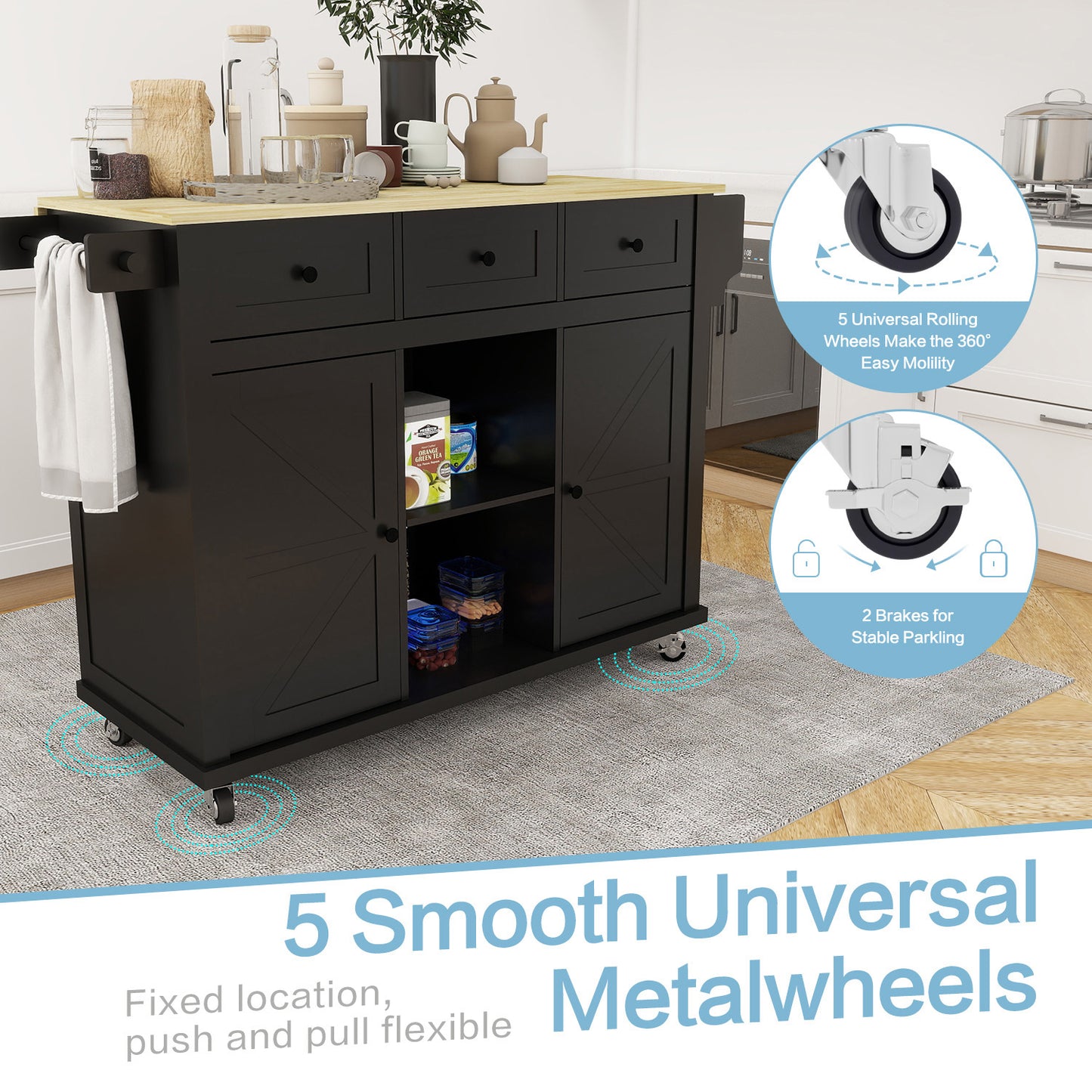 Black Wooden Kitchen Cart on Wheels with Drop Leaf,Rolling Kitchen Island with Storage Cabinet and 3 Drawers,Spice Rack,Towel Rack,Island Table for Kitchen Living Room Dining Room