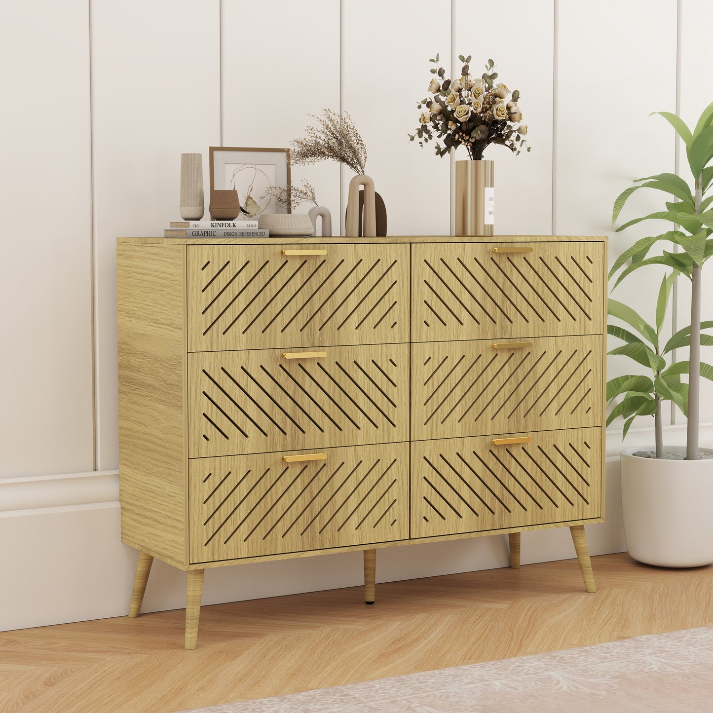 Log Modern 6 Drawer Dresser for Bedroom Storage Cabinet with Metal Handle, Wide Chest of Drawers, TV Stand, Beside Table for Closet, Hallway,  Living Room and Entryway