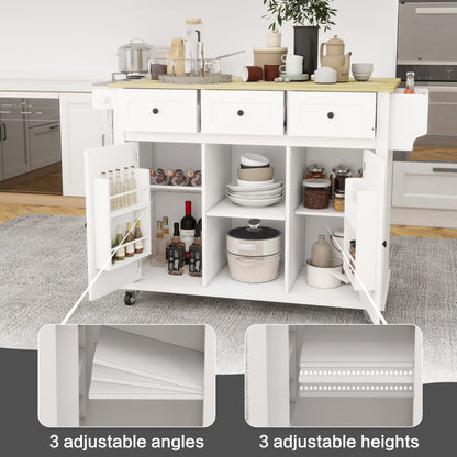 White Wooden Kitchen Cart on Wheels with Drop Leaf,Rolling Kitchen Island with Storage Cabinet and 3 Drawers,Spice Rack,Towel Rack,Island Table for Kitchen Living Room Dining Room