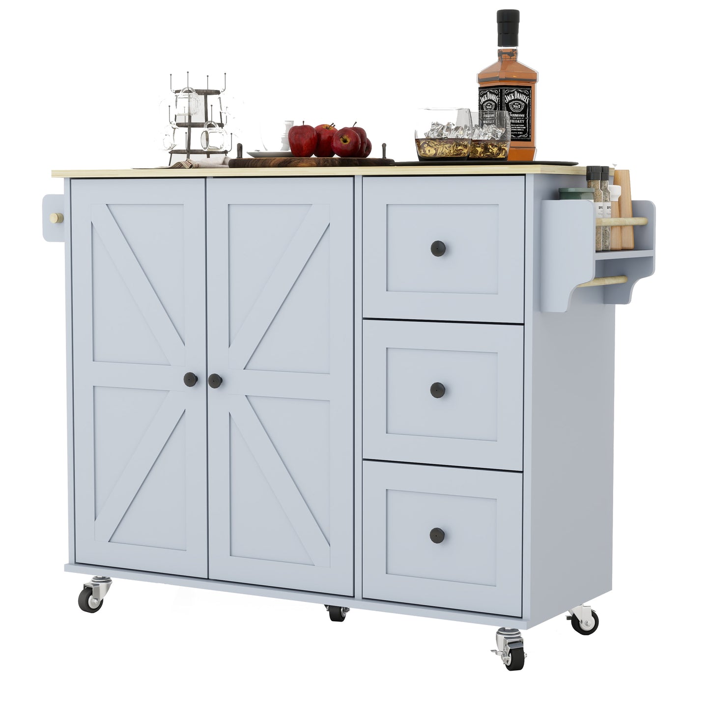 Removable Convenient Blue Kitchen Island with 2-Door Cabinets, 3-Drawer Storage, 5 Universal Wheels Rolling Kitchen Dining Cart, Wooden Top with Towel Rack
