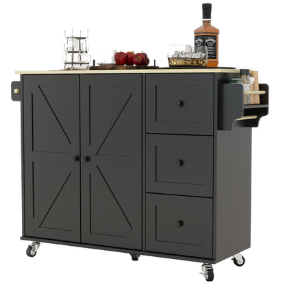 Removable Convenient Black Kitchen Island with 2-Door Cabinets, 3-Drawer Storage, 5 Universal Wheels Rolling Kitchen Dining Cart, Wooden Top with Towel Rack