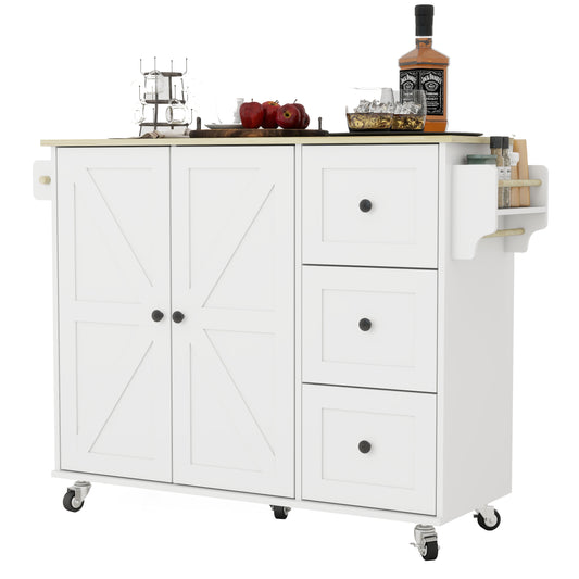 Removable Convenient White Kitchen Island with 2-Door Cabinets, 3-Drawer Storage, 5 Universal Wheels Rolling Kitchen Dining Cart, Wooden Top with Towel Rack