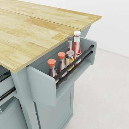 Blue Wooden Kitchen Cart on Wheels with Drop Leaf,Rolling Kitchen Island with Storage Cabinet and 3 Drawers,Spice Rack,Towel Rack,Island Table for Kitchen Living Room Dining Room