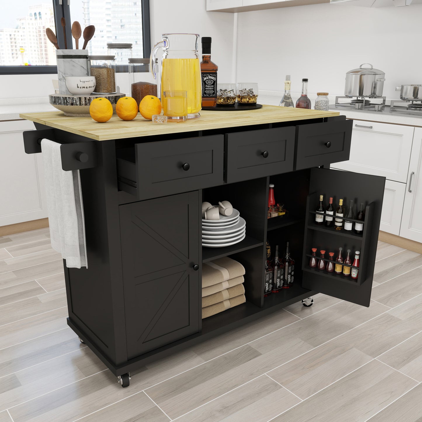 Black Wooden Kitchen Cart on Wheels with Drop Leaf,Rolling Kitchen Island with Storage Cabinet and 3 Drawers,Spice Rack,Towel Rack,Island Table for Kitchen Living Room Dining Room