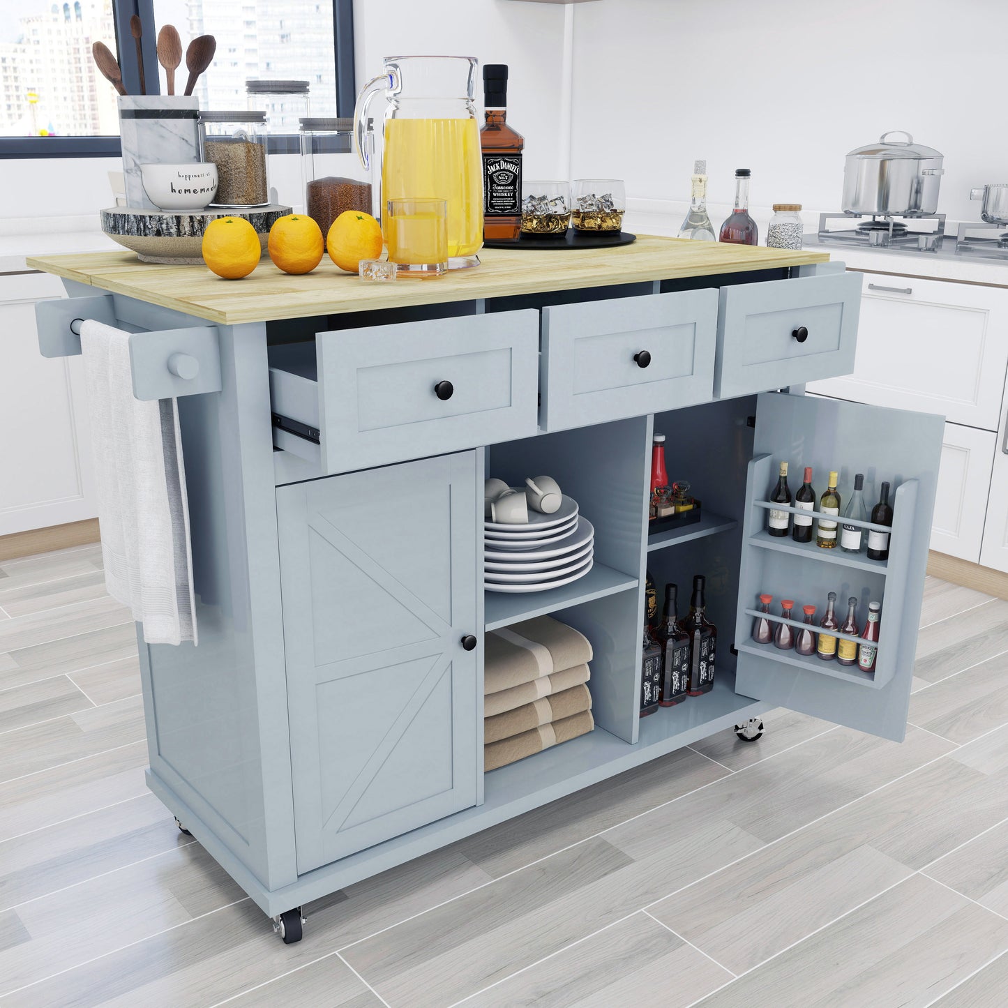 Blue Wooden Kitchen Cart on Wheels with Drop Leaf,Rolling Kitchen Island with Storage Cabinet and 3 Drawers,Spice Rack,Towel Rack,Island Table for Kitchen Living Room Dining Room
