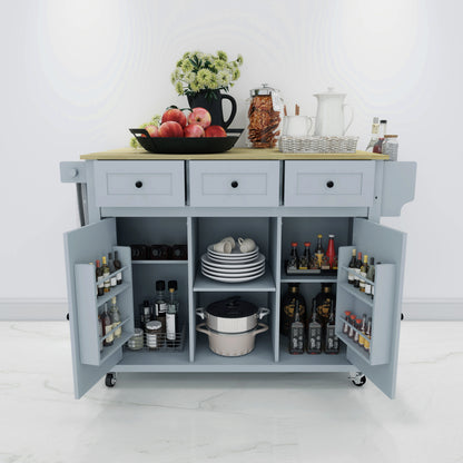 Blue Wooden Kitchen Cart on Wheels with Drop Leaf,Rolling Kitchen Island with Storage Cabinet and 3 Drawers,Spice Rack,Towel Rack,Island Table for Kitchen Living Room Dining Room