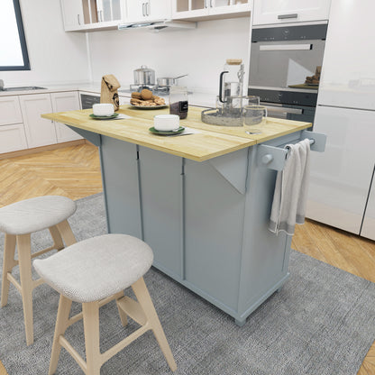 Blue Wooden Kitchen Cart on Wheels with Drop Leaf,Rolling Kitchen Island with Storage Cabinet and 3 Drawers,Spice Rack,Towel Rack,Island Table for Kitchen Living Room Dining Room