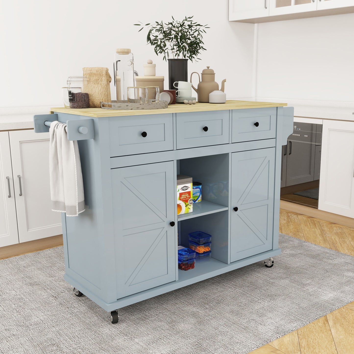 Blue Wooden Kitchen Cart on Wheels with Drop Leaf,Rolling Kitchen Island with Storage Cabinet and 3 Drawers,Spice Rack,Towel Rack,Island Table for Kitchen Living Room Dining Room