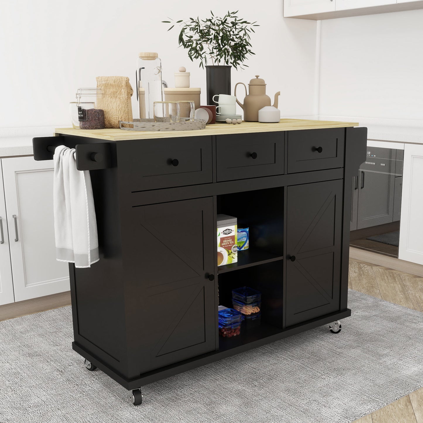 Black Wooden Kitchen Cart on Wheels with Drop Leaf,Rolling Kitchen Island with Storage Cabinet and 3 Drawers,Spice Rack,Towel Rack,Island Table for Kitchen Living Room Dining Room