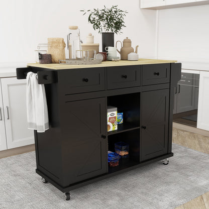 Black Wooden Kitchen Cart on Wheels with Drop Leaf,Rolling Kitchen Island with Storage Cabinet and 3 Drawers,Spice Rack,Towel Rack,Island Table for Kitchen Living Room Dining Room