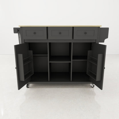 Black Wooden Kitchen Cart on Wheels with Drop Leaf,Rolling Kitchen Island with Storage Cabinet and 3 Drawers,Spice Rack,Towel Rack,Island Table for Kitchen Living Room Dining Room