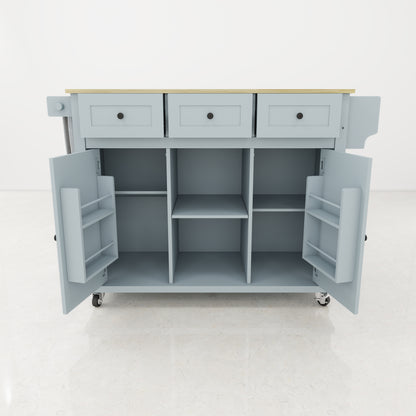 Blue Wooden Kitchen Cart on Wheels with Drop Leaf,Rolling Kitchen Island with Storage Cabinet and 3 Drawers,Spice Rack,Towel Rack,Island Table for Kitchen Living Room Dining Room