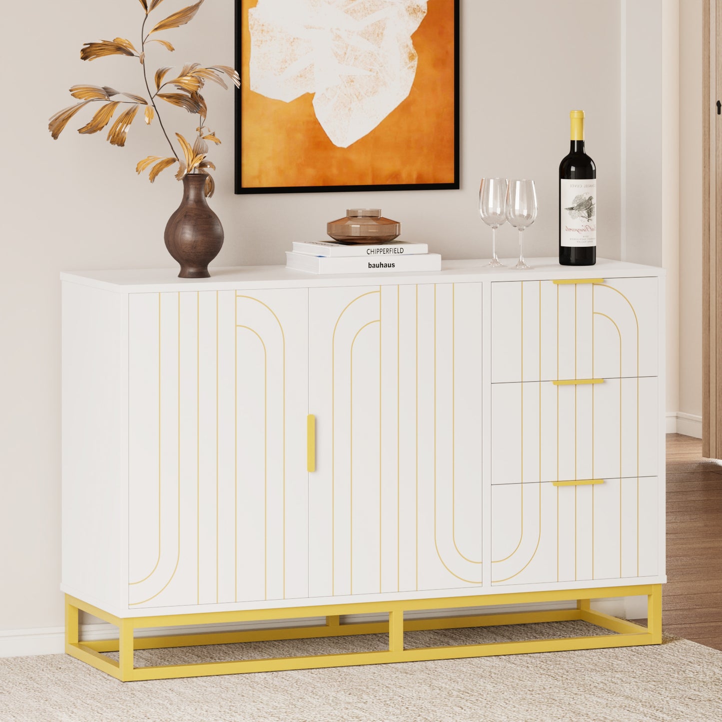 Modern Farmhouse Buffet Sideboard,While Coffee Bar Cabinet with Storage, Wine Cooler with 2doors and 3 Drawers, Kitchen Decorative Storage Cabinet