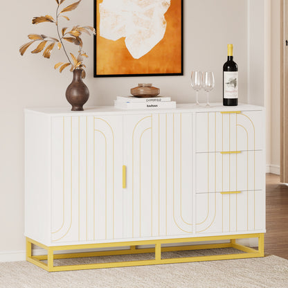 Modern Farmhouse Buffet Sideboard,While Coffee Bar Cabinet with Storage, Wine Cooler with 2doors and 3 Drawers, Kitchen Decorative Storage Cabinet