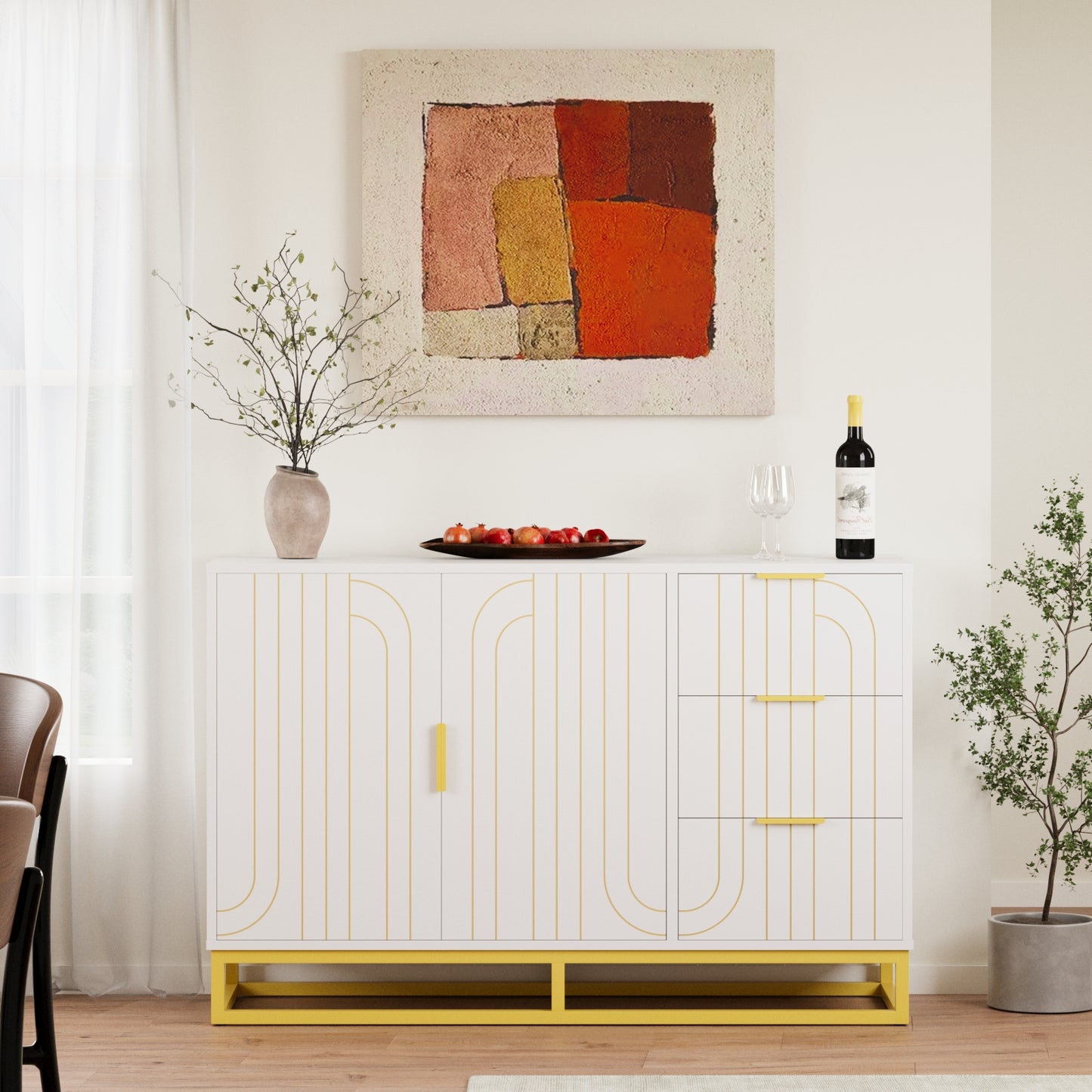 Modern Farmhouse Buffet Sideboard,While Coffee Bar Cabinet with Storage, Wine Cooler with 2doors and 3 Drawers, Kitchen Decorative Storage Cabinet
