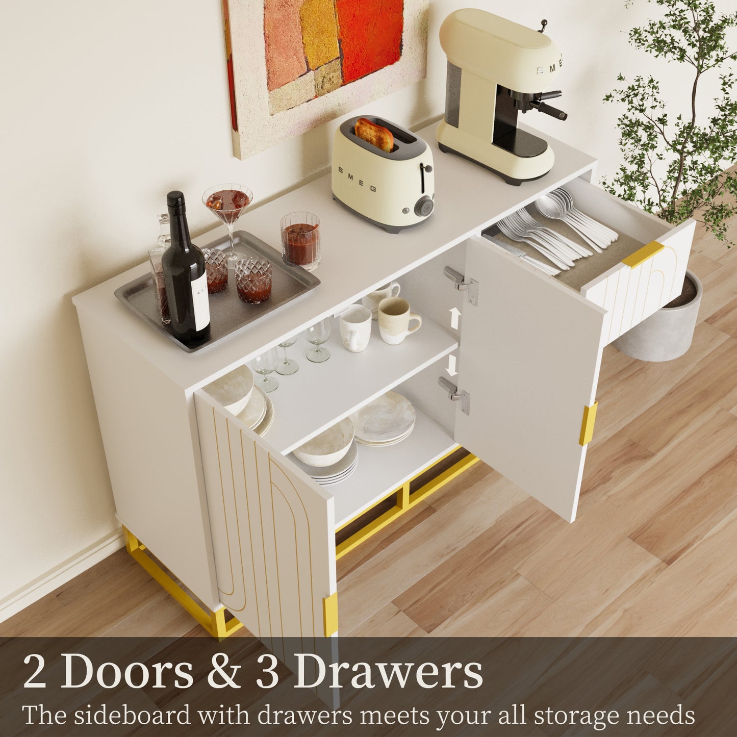 Modern Farmhouse Buffet Sideboard,While Coffee Bar Cabinet with Storage, Wine Cooler with 2doors and 3 Drawers, Kitchen Decorative Storage Cabinet