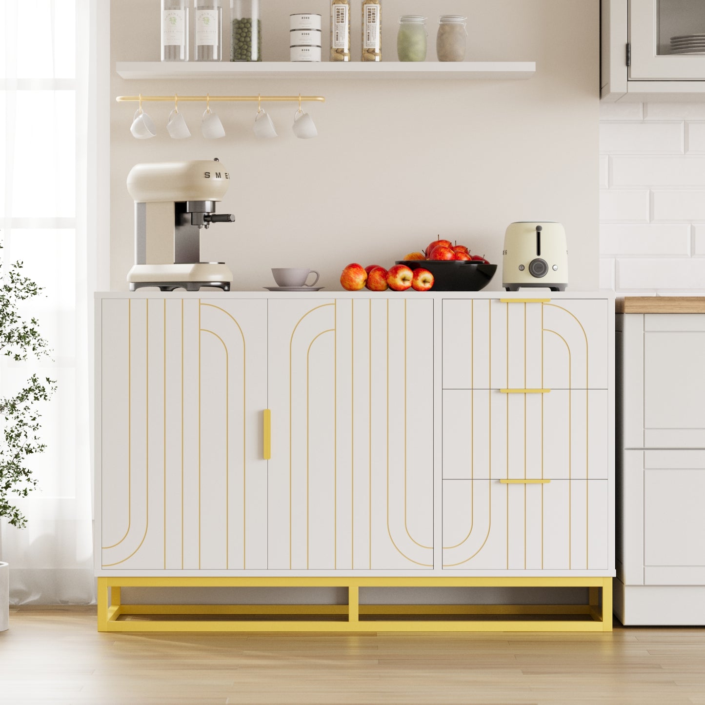 Modern Farmhouse Buffet Sideboard,While Coffee Bar Cabinet with Storage, Wine Cooler with 2doors and 3 Drawers, Kitchen Decorative Storage Cabinet