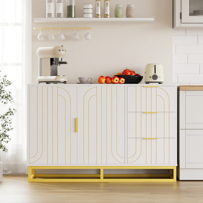 Modern Farmhouse Buffet Sideboard,While Coffee Bar Cabinet with Storage, Wine Cooler with 2doors and 3 Drawers, Kitchen Decorative Storage Cabinet