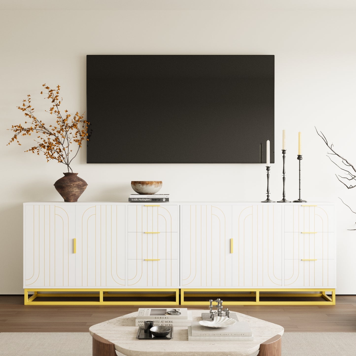 Modern Farmhouse Buffet Sideboard,While Coffee Bar Cabinet with Storage, Wine Cooler with 2doors and 3 Drawers, Kitchen Decorative Storage Cabinet