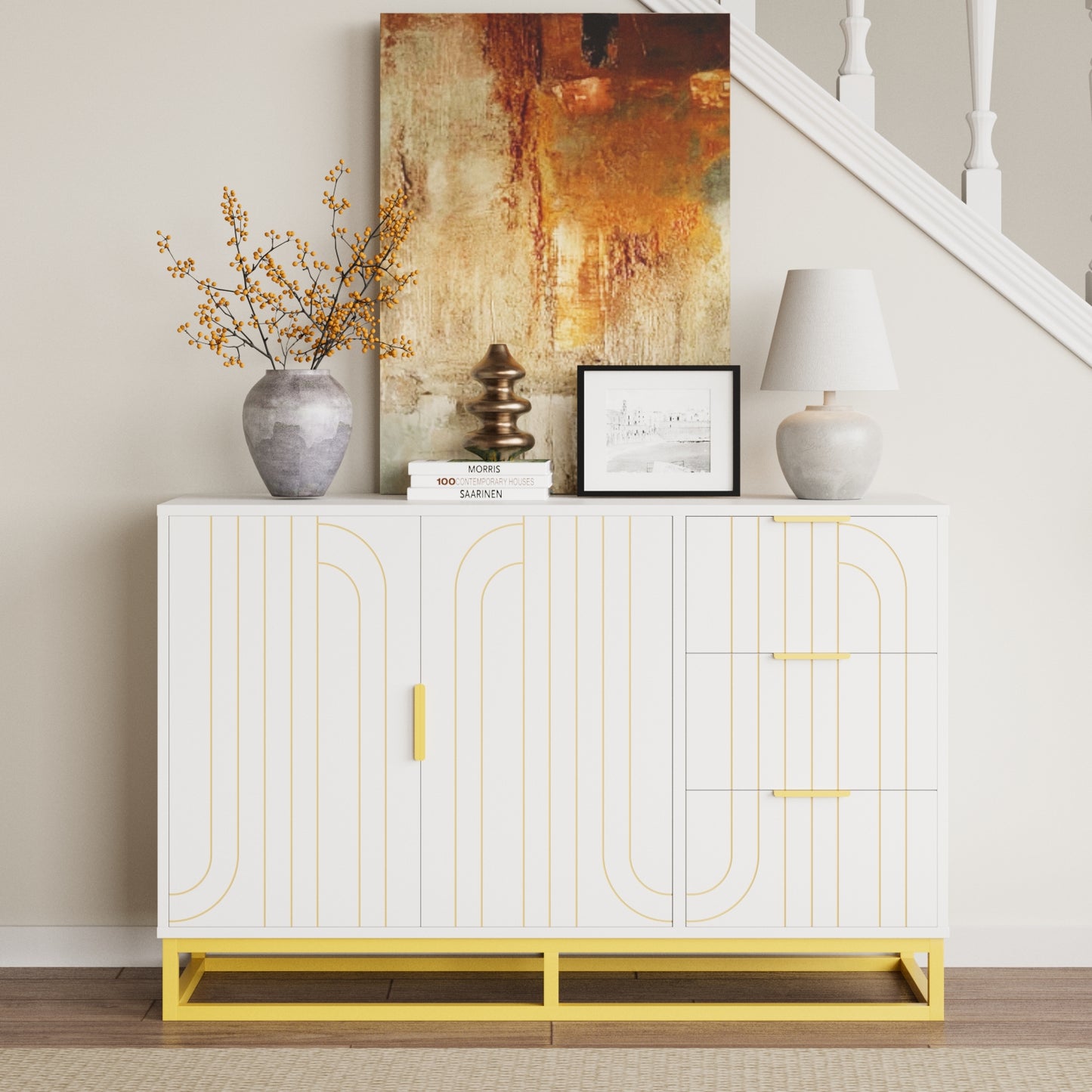Modern Farmhouse Buffet Sideboard,While Coffee Bar Cabinet with Storage, Wine Cooler with 2doors and 3 Drawers, Kitchen Decorative Storage Cabinet