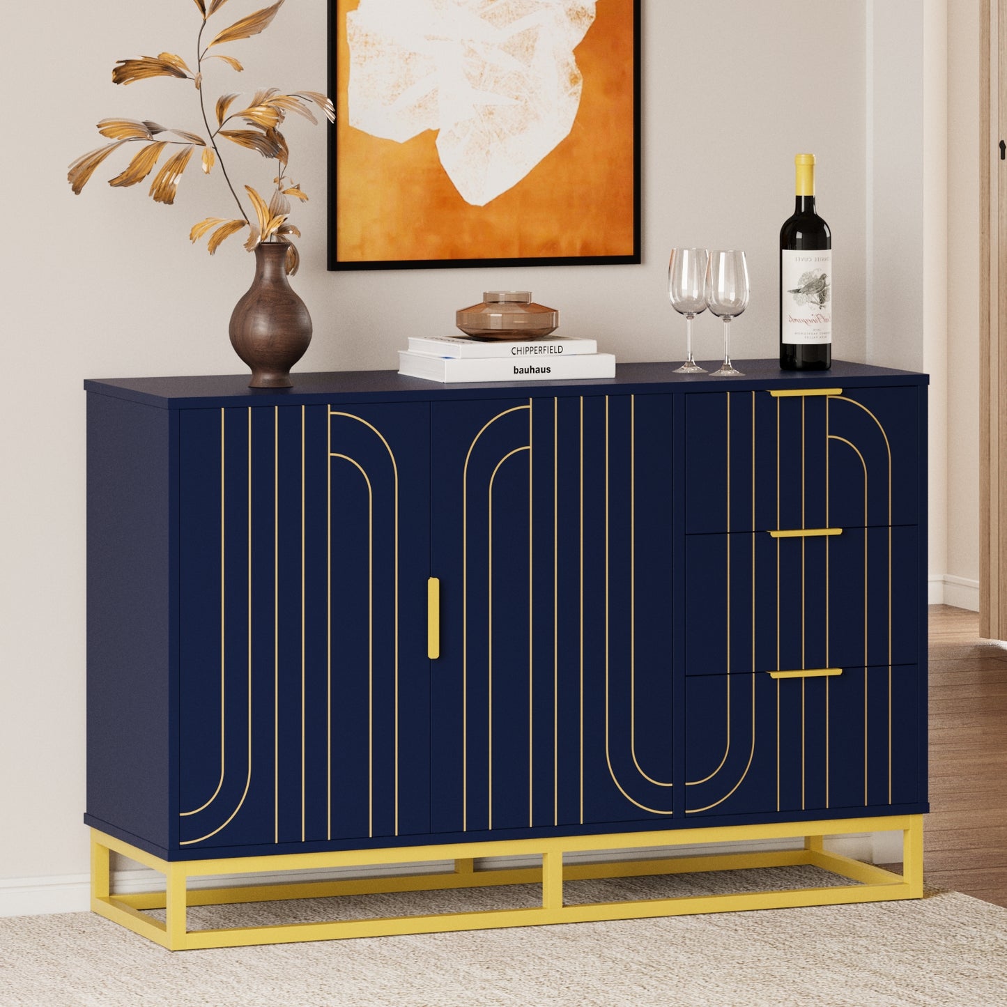 Modern Farmhouse Buffet Sideboard,Blue Coffee Bar Cabinet with Storage, Wine Cooler with 2doors and 3 Drawers, Kitchen Decorative Storage Cabinet