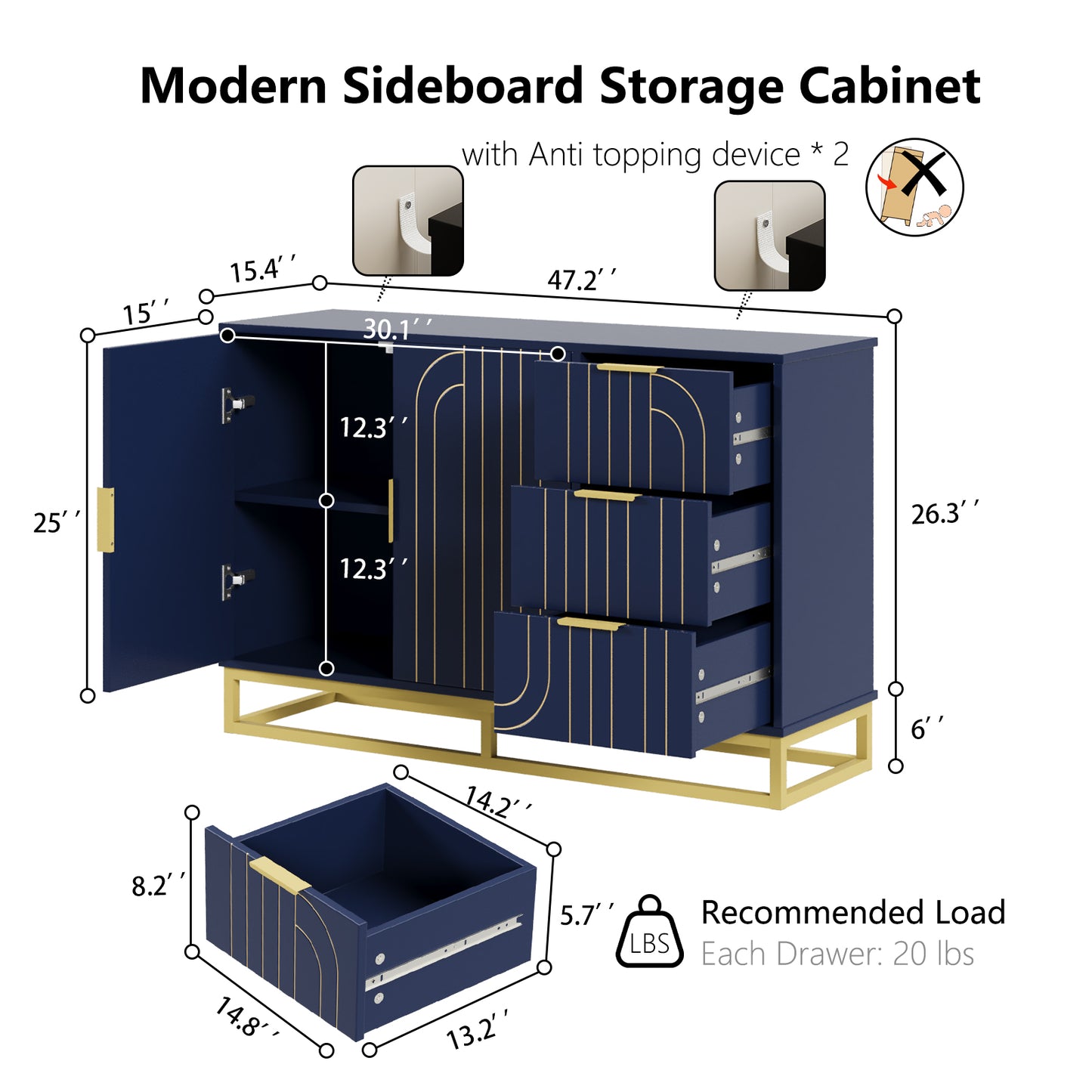 Modern Farmhouse Buffet Sideboard,Blue Coffee Bar Cabinet with Storage, Wine Cooler with 2doors and 3 Drawers, Kitchen Decorative Storage Cabinet