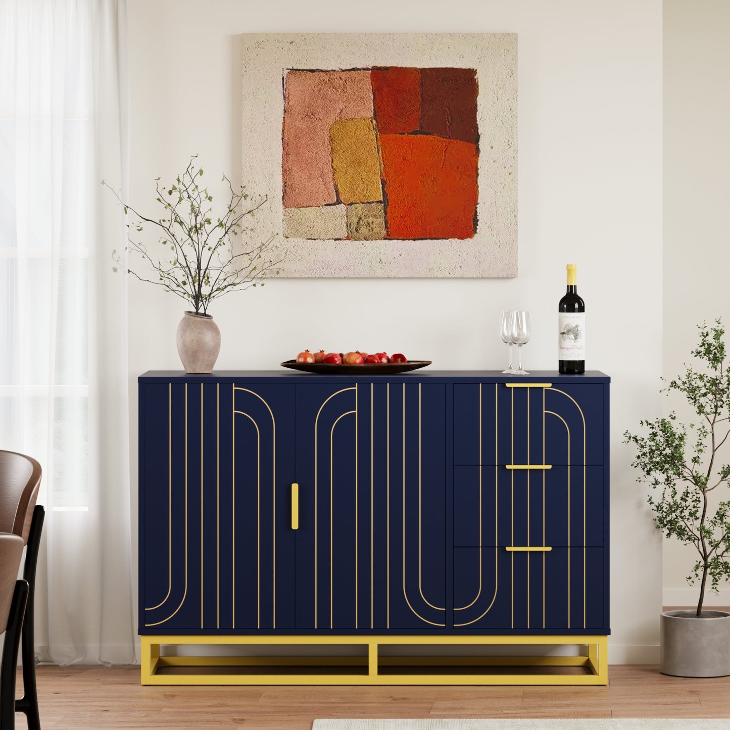 Modern Farmhouse Buffet Sideboard,Blue Coffee Bar Cabinet with Storage, Wine Cooler with 2doors and 3 Drawers, Kitchen Decorative Storage Cabinet