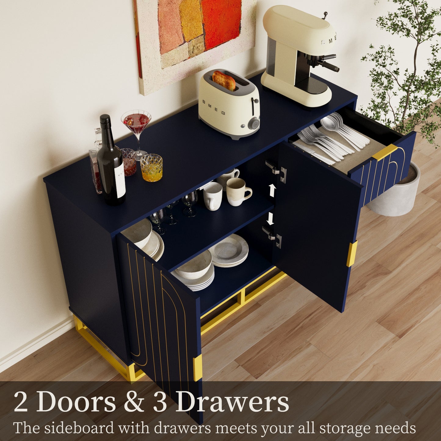 Modern Farmhouse Buffet Sideboard,Blue Coffee Bar Cabinet with Storage, Wine Cooler with 2doors and 3 Drawers, Kitchen Decorative Storage Cabinet