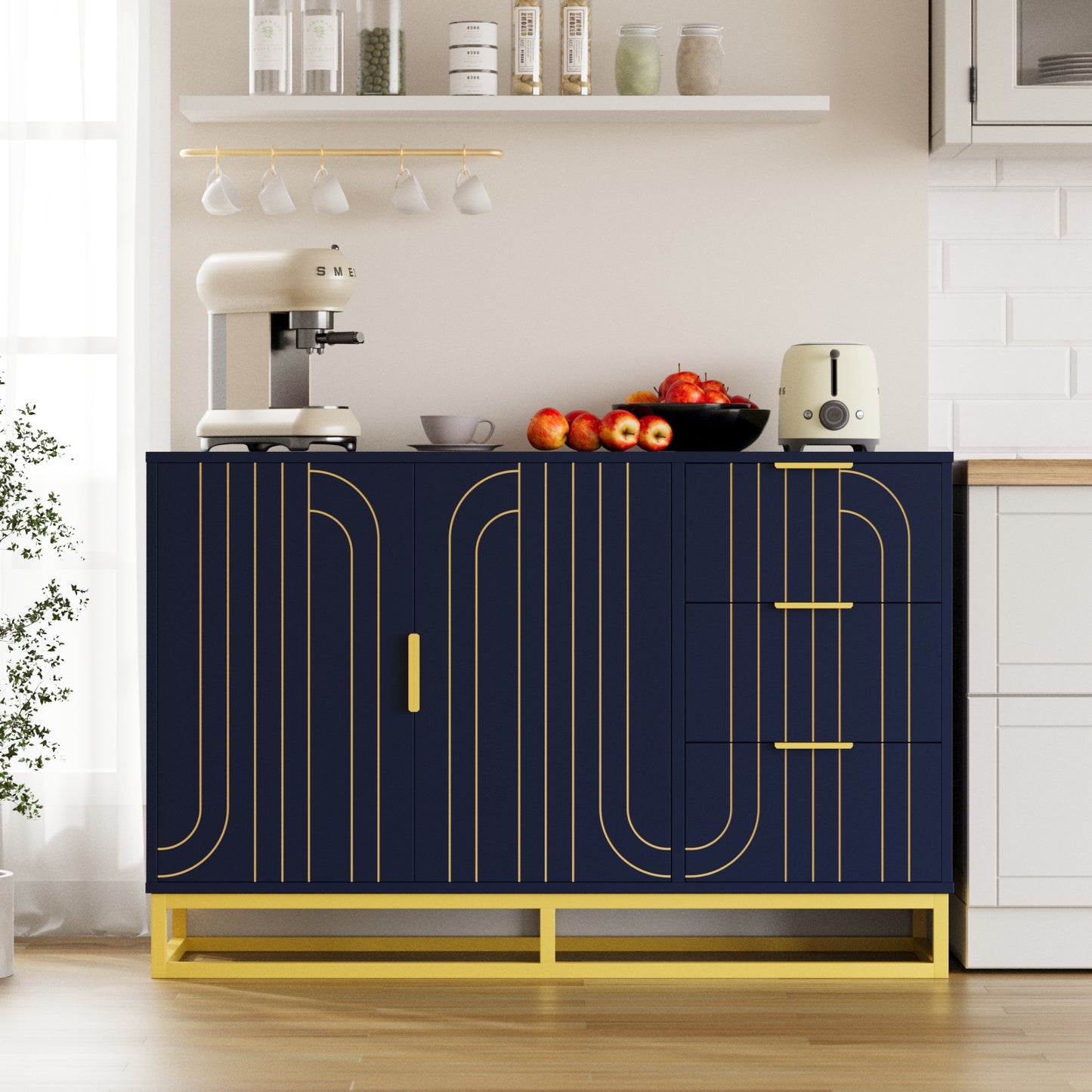 Modern Farmhouse Buffet Sideboard,Blue Coffee Bar Cabinet with Storage, Wine Cooler with 2doors and 3 Drawers, Kitchen Decorative Storage Cabinet
