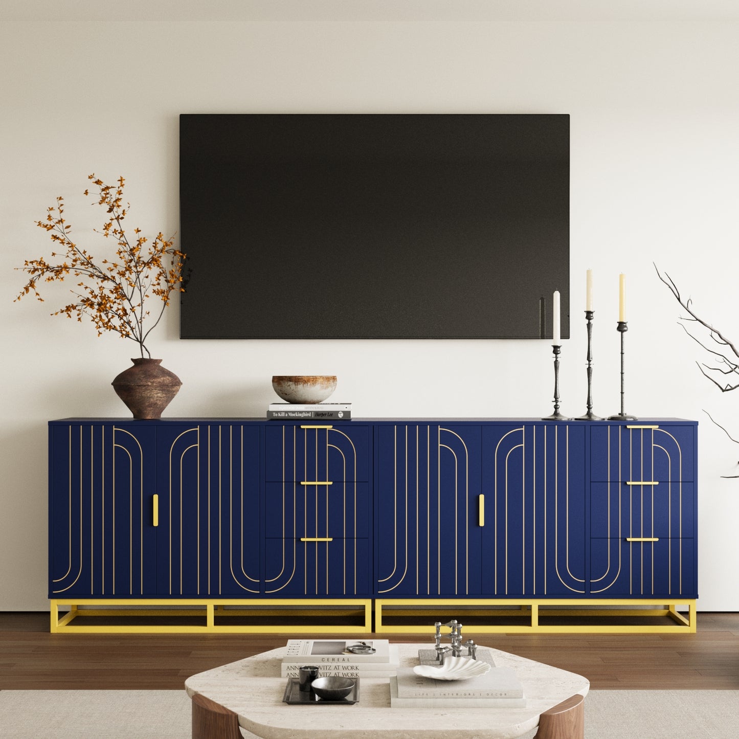 Modern Farmhouse Buffet Sideboard,Blue Coffee Bar Cabinet with Storage, Wine Cooler with 2doors and 3 Drawers, Kitchen Decorative Storage Cabinet