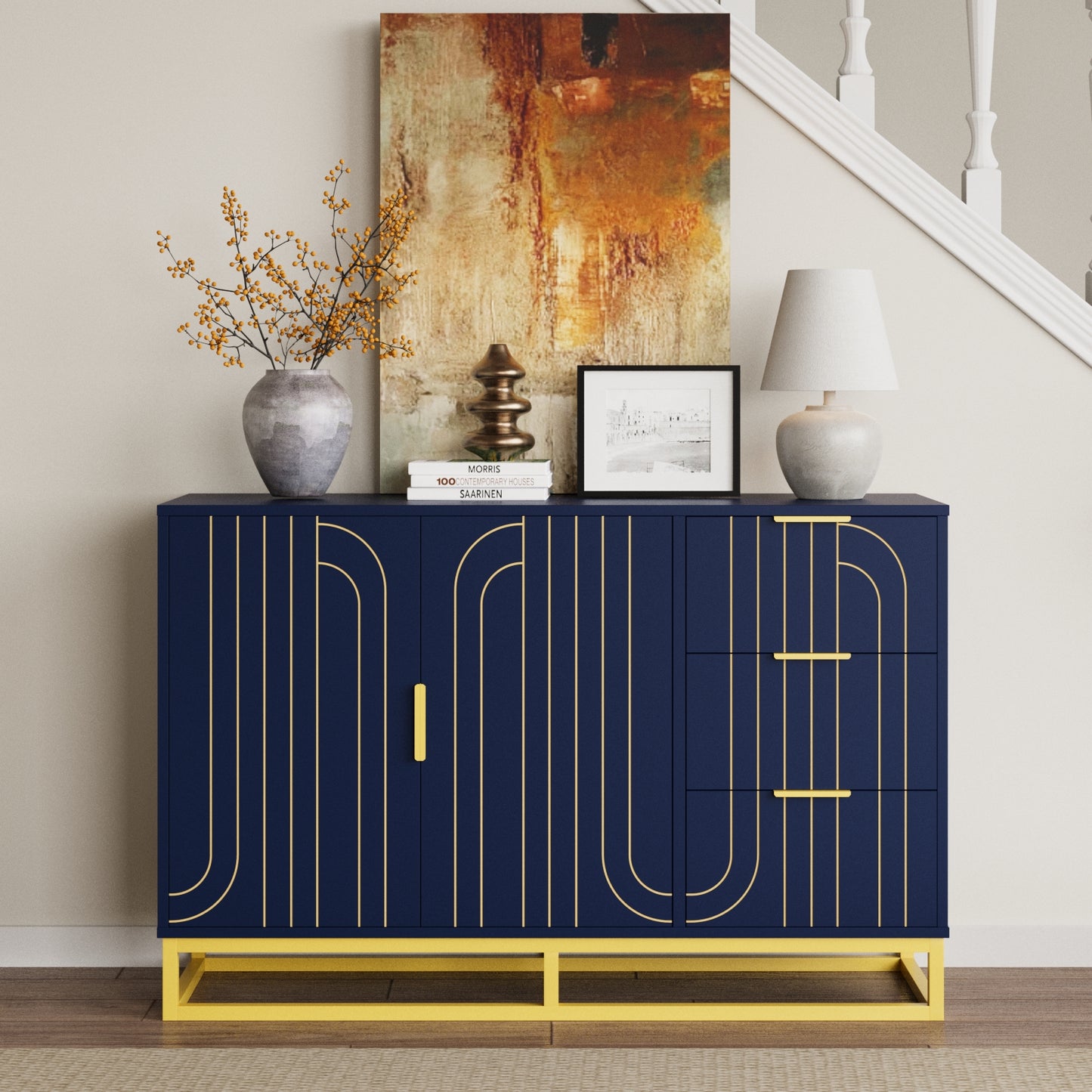 Modern Farmhouse Buffet Sideboard,Blue Coffee Bar Cabinet with Storage, Wine Cooler with 2doors and 3 Drawers, Kitchen Decorative Storage Cabinet
