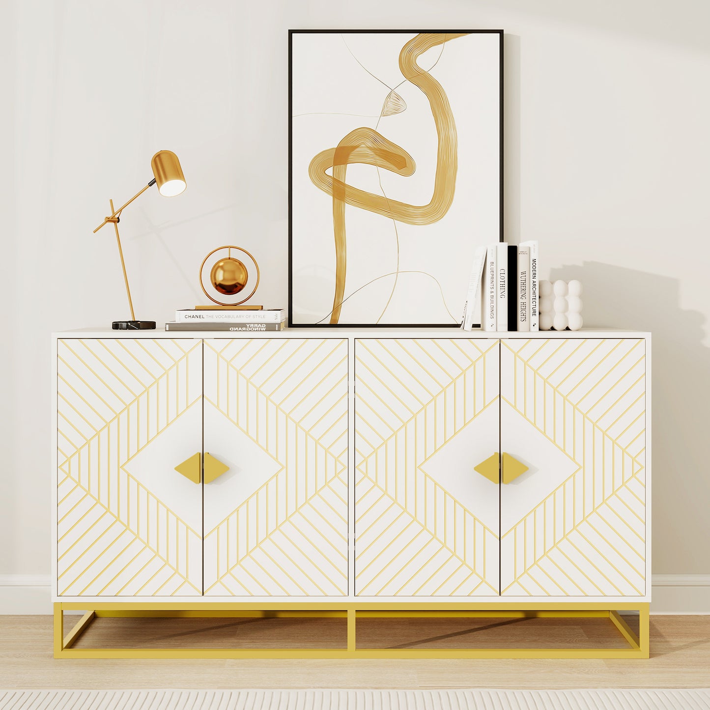 Modern White Storage Dining Cabinet with Gold Line Accent Storage Cabinet, 4 Doors Dining Sideboard with Gold Base for Living Room, Dining Room, Entrance, Hallway, Kitchen