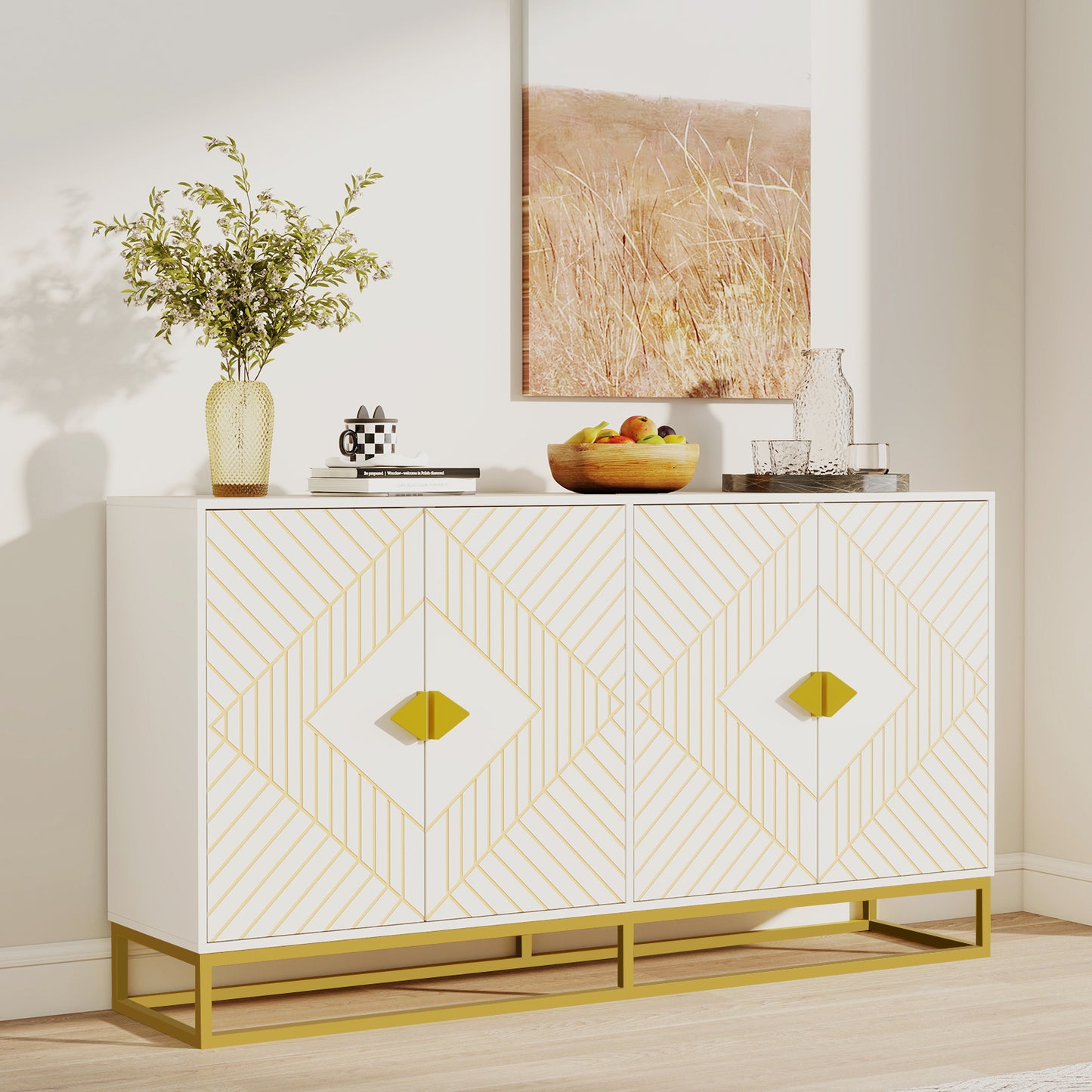 Modern White Storage Dining Cabinet with Gold Line Accent Storage Cabinet, 4 Doors Dining Sideboard with Gold Base for Living Room, Dining Room, Entrance, Hallway, Kitchen
