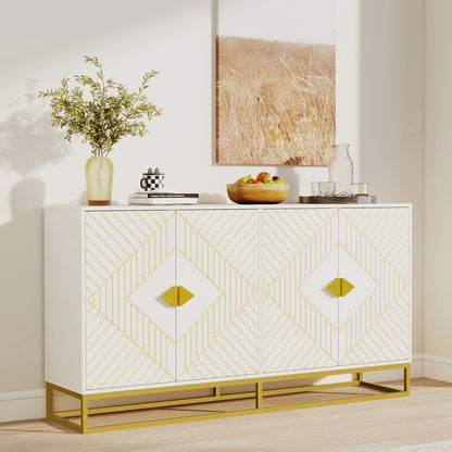 Modern White Storage Dining Cabinet with Gold Line Accent Storage Cabinet, 4 Doors Dining Sideboard with Gold Base for Living Room, Dining Room, Entrance, Hallway, Kitchen