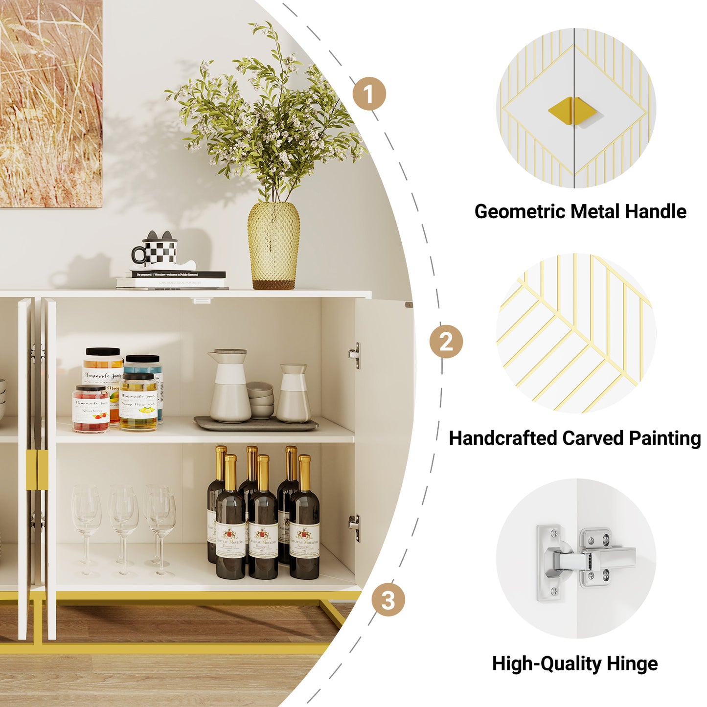 Modern White Storage Dining Cabinet with Gold Line Accent Storage Cabinet, 4 Doors Dining Sideboard with Gold Base for Living Room, Dining Room, Entrance, Hallway, Kitchen